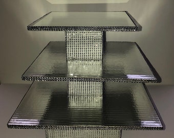 CUPCAKE STAND BLING Silver Square Fully Assembled Featuring Mirror On Top Tier