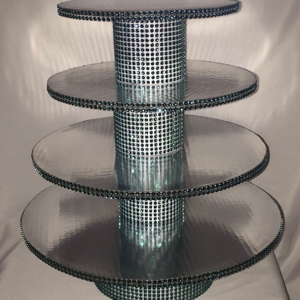 FOUR TIER SILVER Round Rhinestone Cupcake/Dessert Holder With Mirror On Top