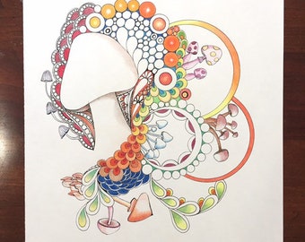 zentangle mushroom art, fungi art  zentangle art, mushroom art, colored zentangle, wall art, ink colored pencils,