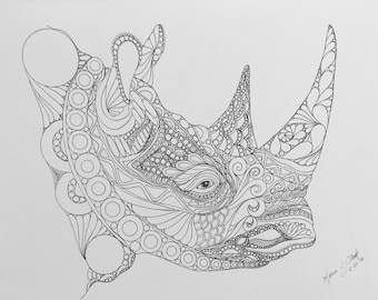 Zentangle rhino rhino art zentangle art rhino head safari art black white drawing pen ink drawing wall art wall decor ink drawing,