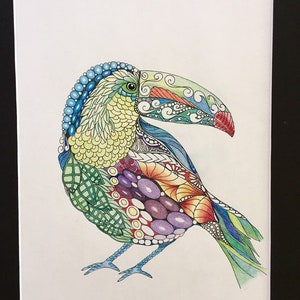 Zentangle toucan, zentangle art, colored zentangle, toucan art, bird art, ink colored pencils, wall art, tropical art image 6