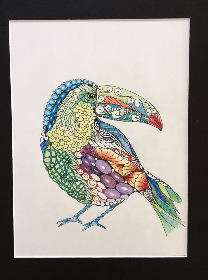 Zentangle toucan, zentangle art, colored zentangle, toucan art, bird art, ink colored pencils, wall art, tropical art image 6
