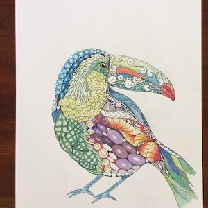 Zentangle toucan, zentangle art, colored zentangle, toucan art, bird art, ink colored pencils, wall art, tropical art image 5