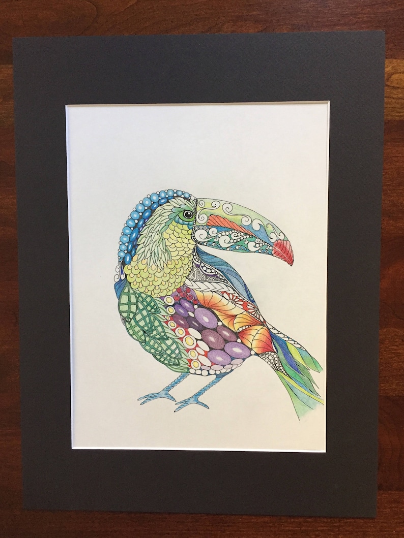 Zentangle toucan, zentangle art, colored zentangle, toucan art, bird art, ink colored pencils, wall art, tropical art image 8