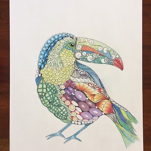 Zentangle toucan, zentangle art, colored zentangle, toucan art, bird art, ink colored pencils, wall art, tropical art image 7