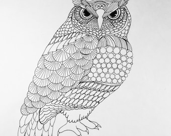Zentangle Owl owl art  bird art Zentangle bird Zentangle art wall art black white art pen and ink art bird illustration owl illustration