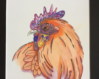 Colored rooster zentangle rooster hand drawn original art chicken art colored chicken rooster wall art  chicken wall decor