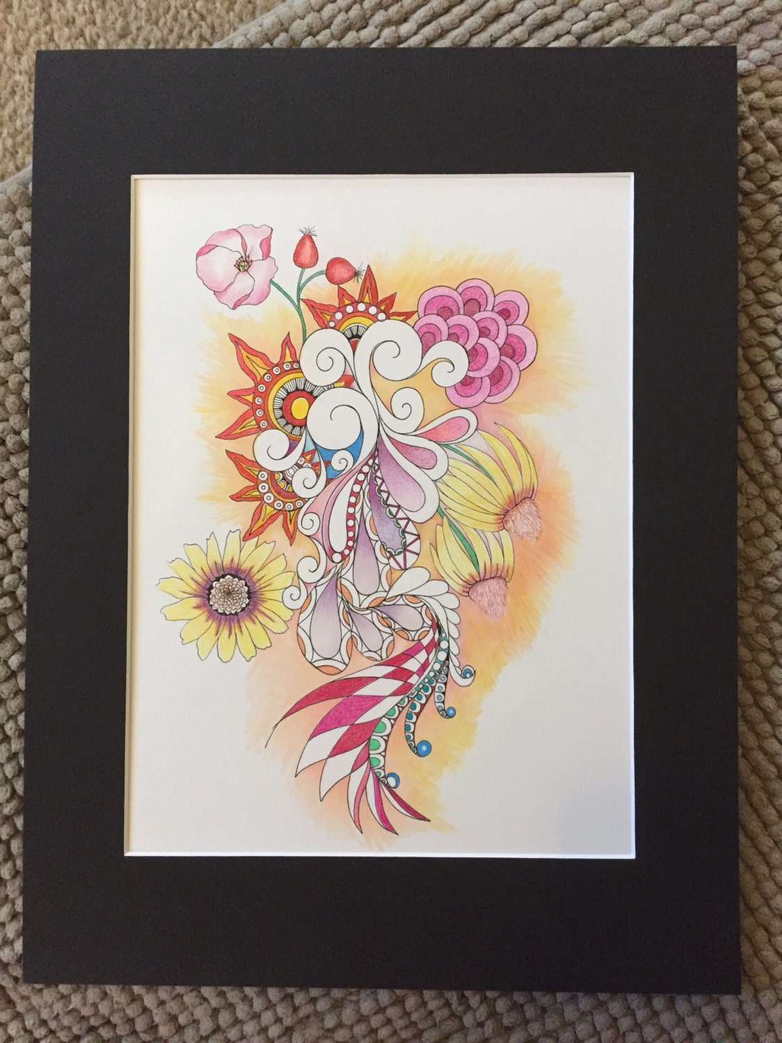 Zentangle Abstract Flowers:11x14in Flower Art Colored