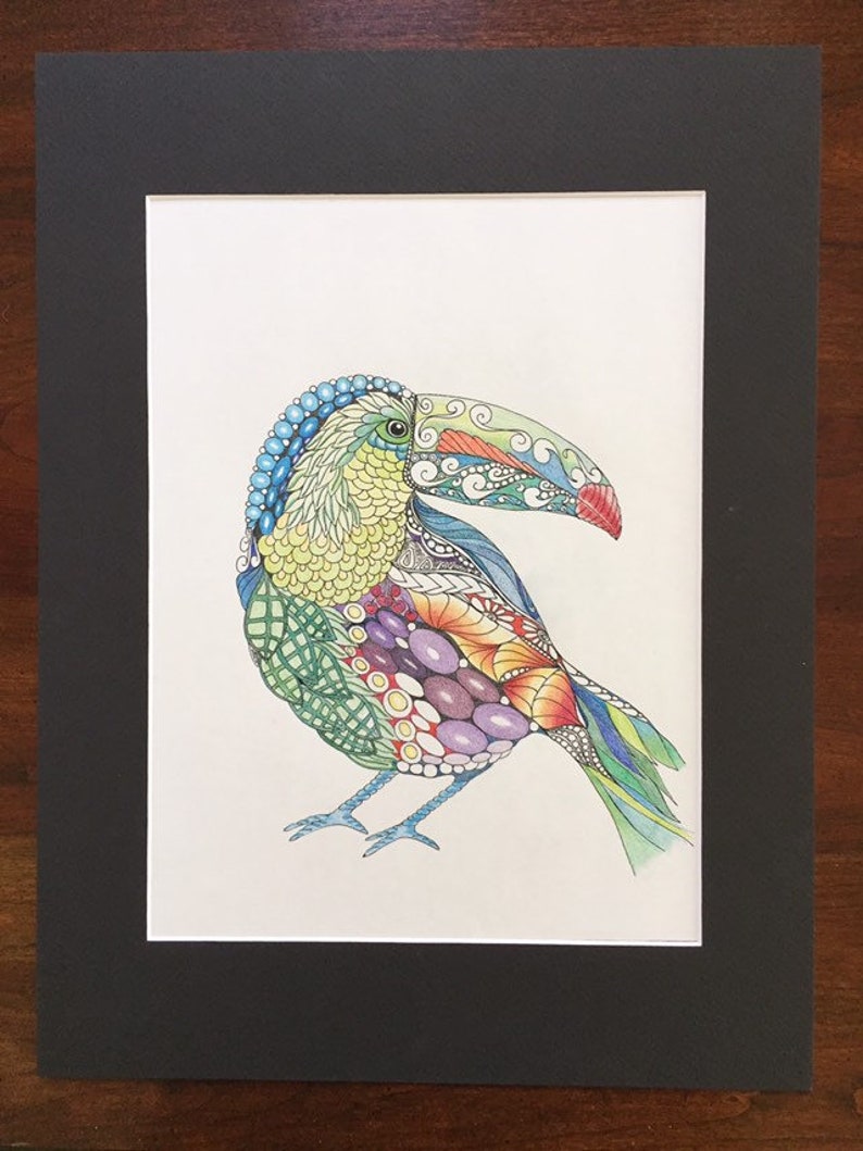 Zentangle toucan, zentangle art, colored zentangle, toucan art, bird art, ink colored pencils, wall art, tropical art image 4