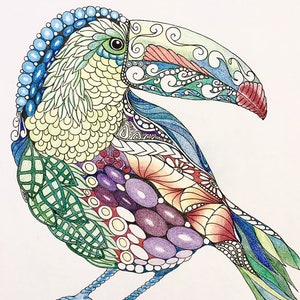 Zentangle toucan, zentangle art, colored zentangle, toucan art, bird art, ink colored pencils, wall art, tropical art image 2