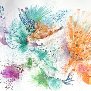 Wildflower Watercolor Abstract:  16 x 12 in. Bright Flower Watercolor with Zentangle.