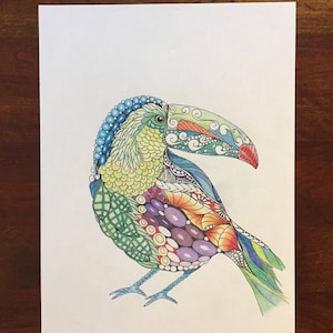 Zentangle toucan, zentangle art, colored zentangle, toucan art, bird art, ink colored pencils, wall art, tropical art image 3