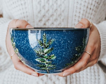 BOWL for soup or cereal , navy bleu stoneware, handpainted, add a quote, for anyone who loves outdooring! Christmas gift