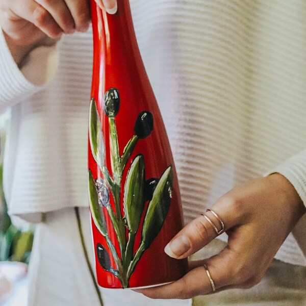 BOTTLE handpainted, olives design, great for oil, vinegar, soap dish ! HOSTESS GIFT, add your quote,14 oz or 426 ml Christmas gift