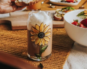 Can Glass for hot or cold drink, juice or cocktail, smoothie, a lovely sunflower is handpainted, 16 oz.