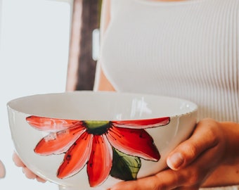 Porcelain soup or salad serving bowl, hand-painted, red flower design, Unique gift and personalized text possible