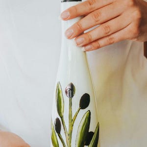 BOTTLE handpainted, olives design, great for oil,vinegar, soap dish ! Wonderful HOSTESS GIFT, add your quote,15 oz or 425 ml gift idea.