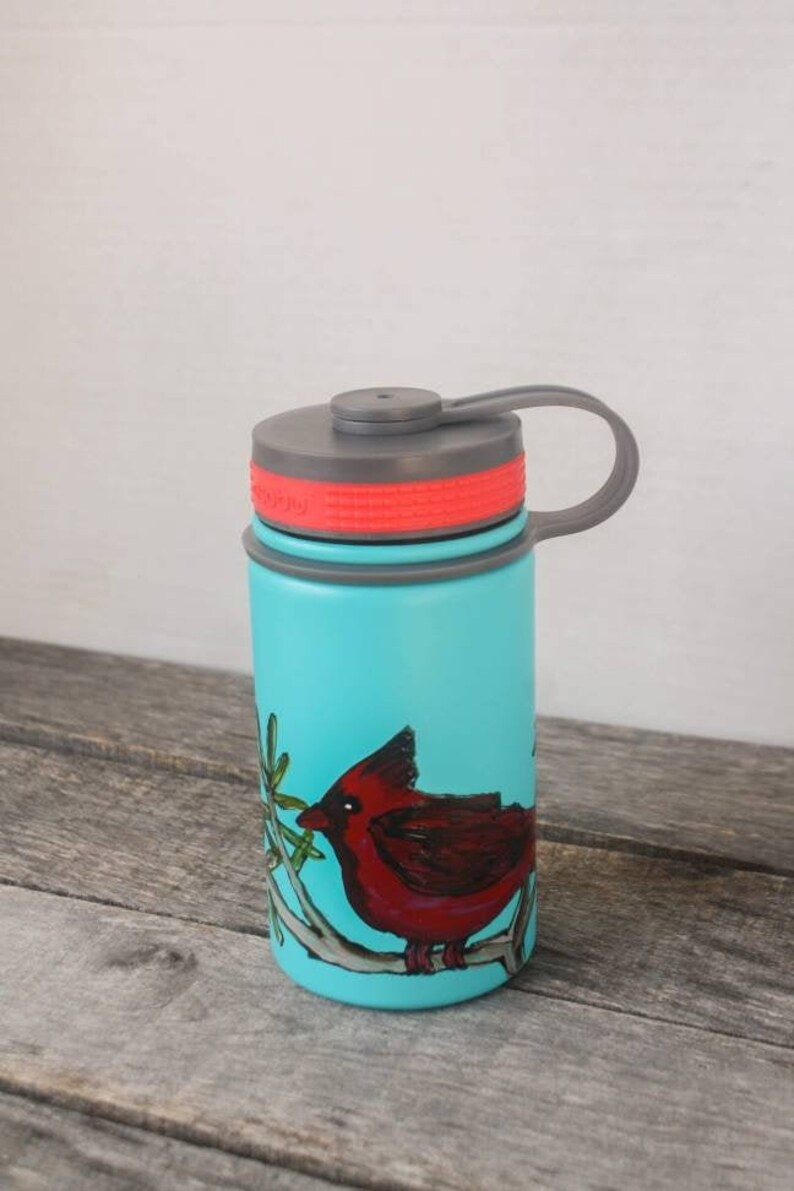 Vacuum Seal Blue Water Bottle Cardinal Design Handpainted by Etsy