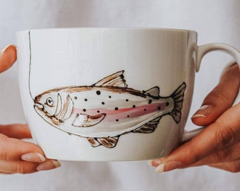 Mug, coffee or tea cup, handpainted by Pero, porcelain, fish trout drawing, 500 ml, add a message, gift, anniversary