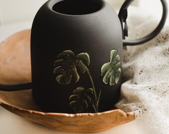 Watering can black, Monstera design hand painted by Pero. Great gift idea for plant lover