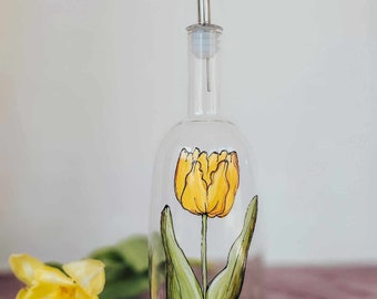 600 ml glass bottle for olive oil-vinegar, cocktail syrup, yellow tulip design, hand-painted, gift idea