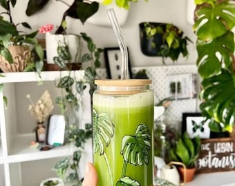 GLASS can format hot or cold beverage, cocktail, juice, lemonade, smoothie, hand painted botanical design Monstera plant 16 oz.