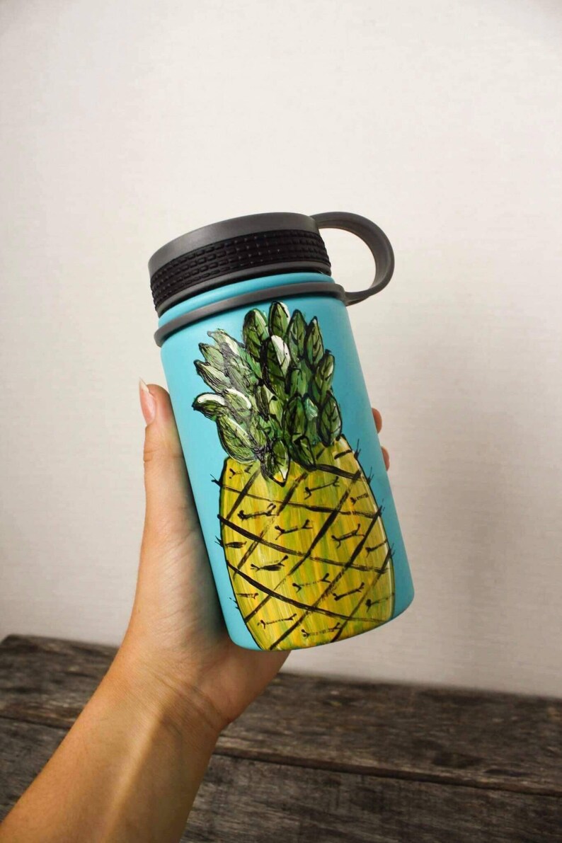 Vacuum Seal Blue Water Bottle Pineapple Design Handpainted Etsy