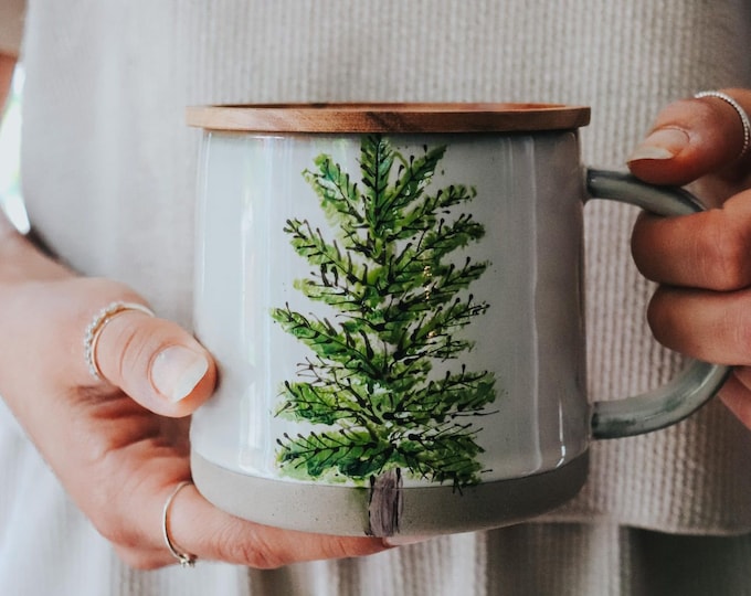Handpainted Stoneware Mug With Boreal Forest Design, Acacia Wood Lid