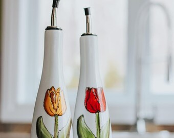 Olive oil dispenser, white stoneware bottle handpainted, tulip design, for oil, vinegar, or soap dish!  perfect gift idea