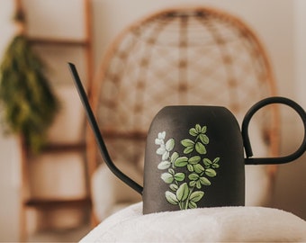 Watering can black, eucalyptus design hand painted by Pero. Great gift idea for plant lover