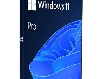 Può includere: Una scatola software rettangolare per Windows 11 Pro con sfondo blu scuro, il logo Windows bianco e il testo Windows 11 Pro. Il design presenta un grafico astratto a forma di onda blu che si estende nell'angolo in basso a destra.