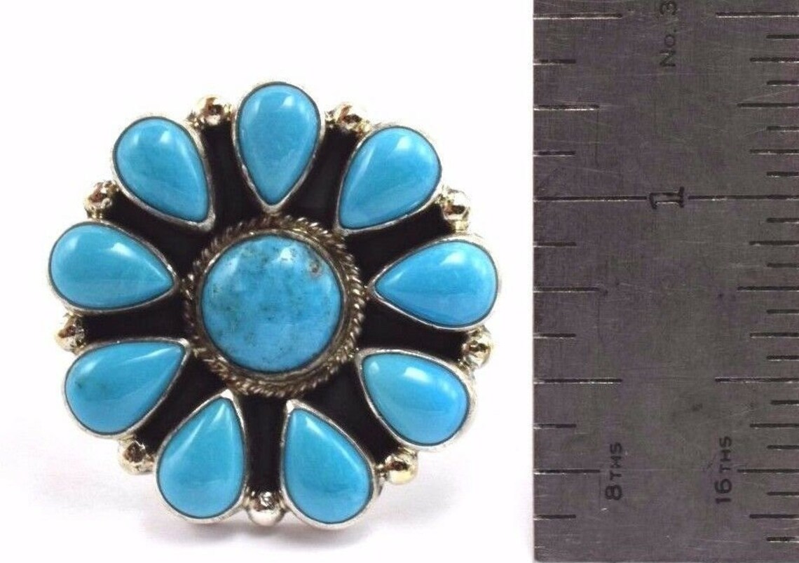 Navajo Handmade Kingman Turquoise Cluster Ring Set in Sterling Silver ...