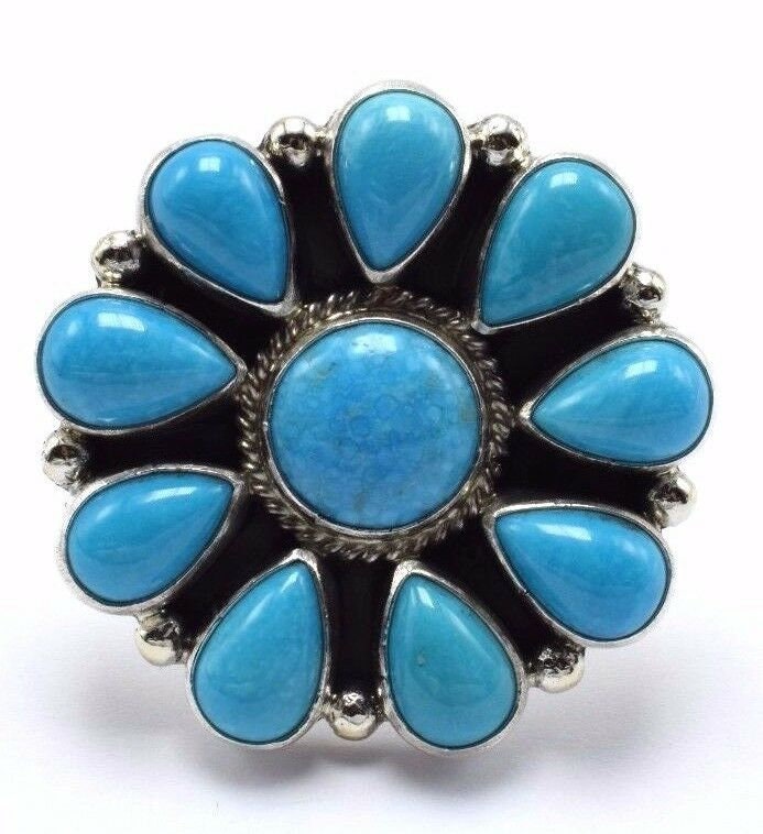 Navajo Handmade Kingman Turquoise Cluster Ring Set in Sterling Silver ...