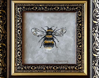 Pintura al óleo original de un abejorro – Arte mural en miniatura de abejas, decoración de cocina rústica (4 x 4")