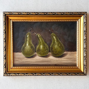 THREE PEARS Oil Painting - Unframed Fruit Oil Painting - French Country Art - Cozy Rustic Still Life - Fruit Art - Kitchen Farmhouse Decor