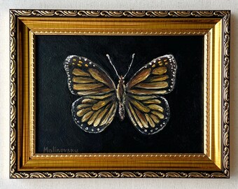 Dipinto a olio FARFALLA MONARCA - Dipinto a olio originale senza cornice - Piccola opera d'arte murale di insetti su fondo nero - Arte a farfalla - Decorazione da cucina in stile rustico