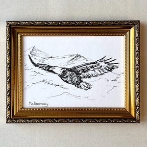 FLYING EAGLE Sketch - Unframed Bird Ink Drawing - Minimalist Art - Ink Drawing of Soaring Bird Over Mountains - Freedom Nature Art