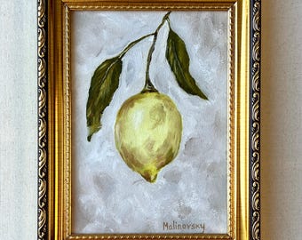 Lemon Branch Oil Painting – Unframed Original Fruit Still Life –  French Kitchen Decor – Citrus Artwork