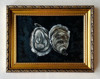 TWO OYSTERS Oil Painting - Unframed Oyster Shell Oil Painting - Moody Seafood Wall Art - Coastal Painting - Original Oyster Still Life