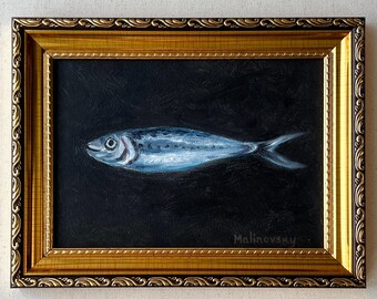 ヴィンテージヨーロッパ静物油絵キャンバス、柔らかな色合いの魚