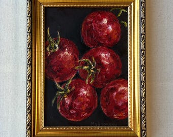 Pintura al óleo de tomates – Bodegón vegetal sin marco – Decoración rústica francesa – Obra de arte de tomates melancólicos – 13 x 18 cm