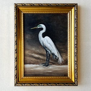 WHITE HERON Oil Painting - Unframed Elegant Egret Oil Painting - French Country Art - Cottagecore Decor - Farmhouse Art - Vintage Bird Art