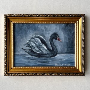 BLACK SWAN Oil Painting - Unframed Original Bird Oil Painting - Farmhouse Bird Decor - Swan Painting - Vintage Bird Artwork - Cottage Decor