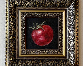 TOMATO Oil Painting – Original Mini Still Life – Vegetable Art – Small Kitchen Wall Art – Farmhouse Food Decor – Tiny Minimalist Artwork 4x4