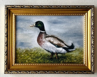 Wilde eend kunstafdruk van olieverfschilderij – Cottagecore Decor boerderij rustieke dierenkunstwerk – ingelijst