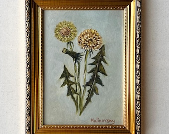 DANDELION Oil Painting - Unframed Original Floral Oil Painting - Minimalist Art - Wildflower Wall Decor - Farmhouse Painting - Dandelion Art
