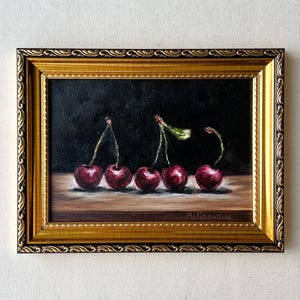 CHERRY STILL LIFE Oil Painting - Unframed Fruit Oil Painting - Moody Cherry Still Life - Farmhouse Painting - Cottage Art - Red Cherry Art