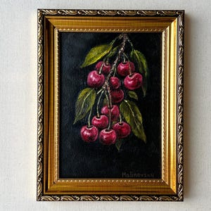 CHERRY BRANCH #2 Oil Painting - Unframed Cherry Oil Painting - French Country Art - Rustic Painting - Vintage Cherry Painting - Fruit Art