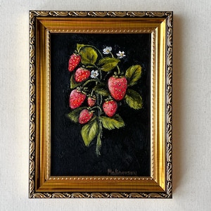 Nature morte aux fraises peinture à l'huile - peinture à l'huile de fruits originale sans cadre - peinture cottagecore - décoration murale ferme - art fraise