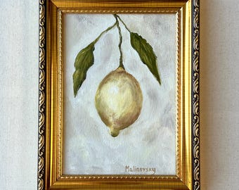 Lemon Still Life Oil Painting - Unframed Citrus Wall Art – Rustic Farmhouse Kitchen Decor 5x7"